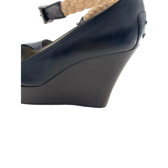 TOD'S Womens size US 7 Black Leather Platform Wedge Shoes Strap EU 37 Dust Bag - Picture 9 of 16